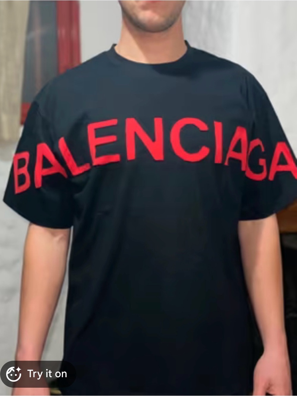 Balenciaga Black Short Sleeve Tee with Red Chest Logo
